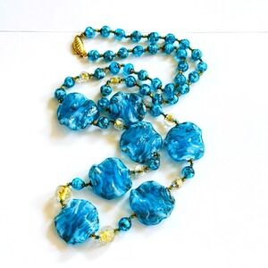VTG blue Murano Venetian art Glass Necklace Gold Fleck Foil Italy knotted 32"